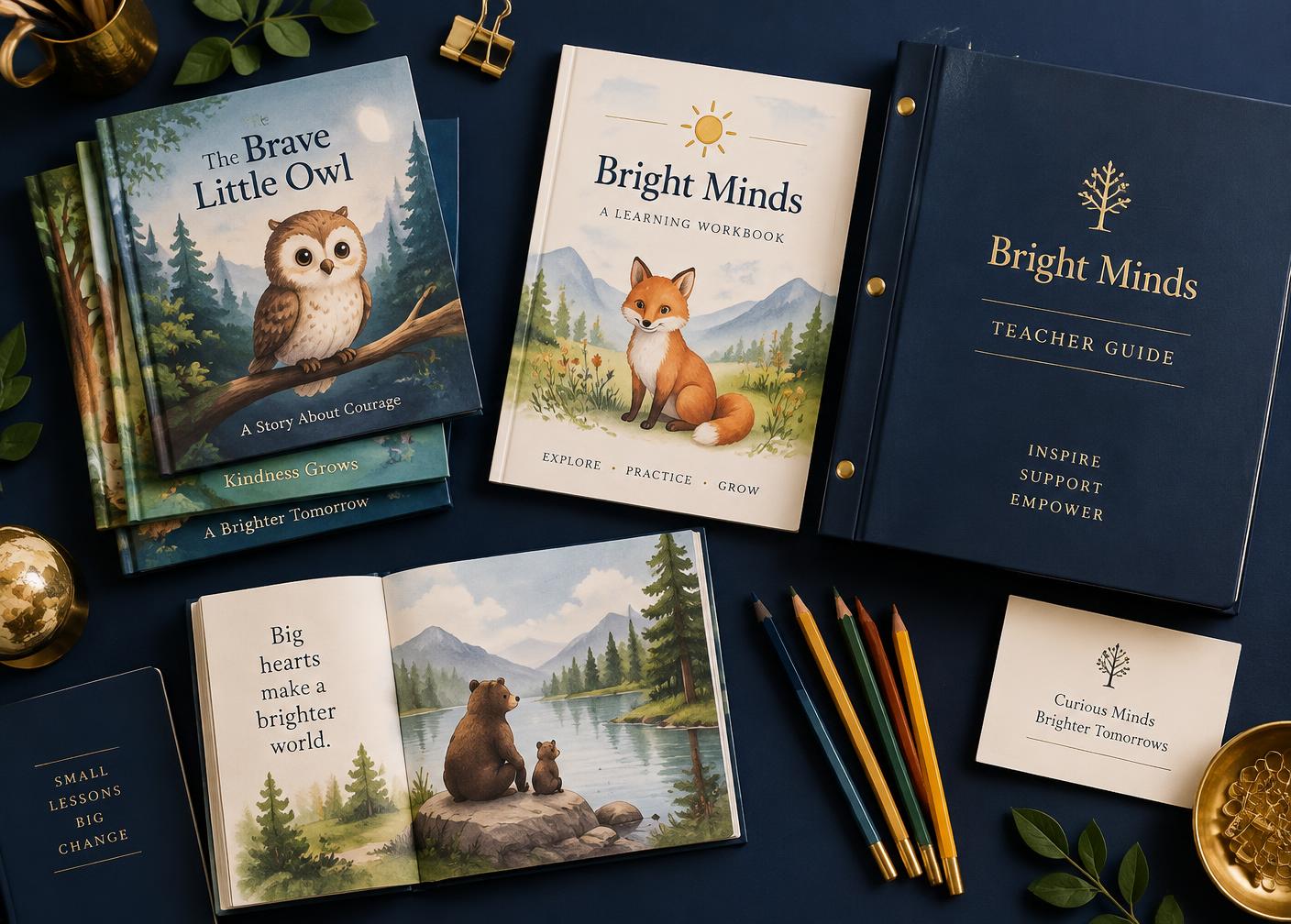 Children's books, a workbook and a teacher guide arranged together